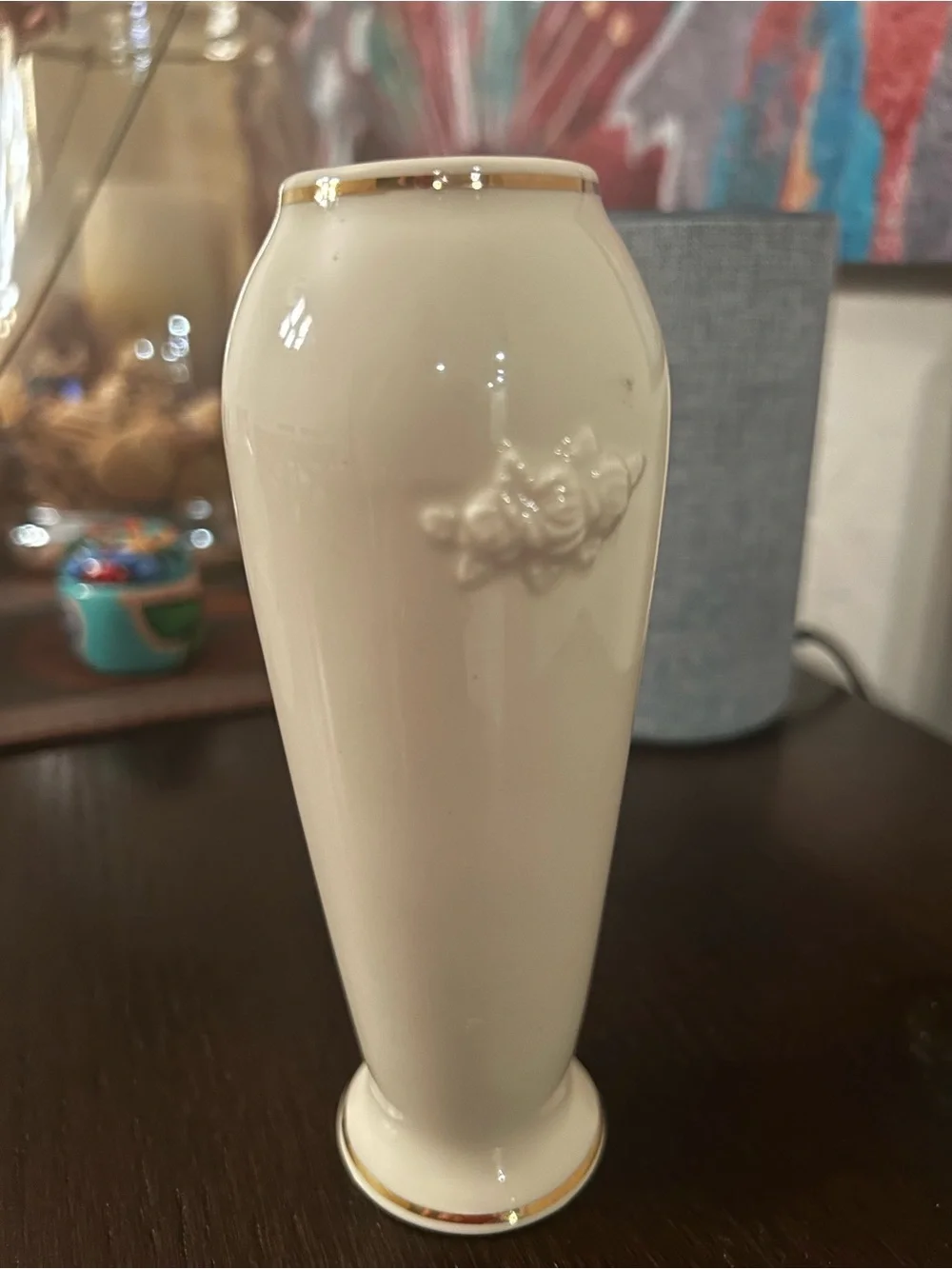 Lenox White Ceramic Bud Vase with Gold Trim and Rose Relief